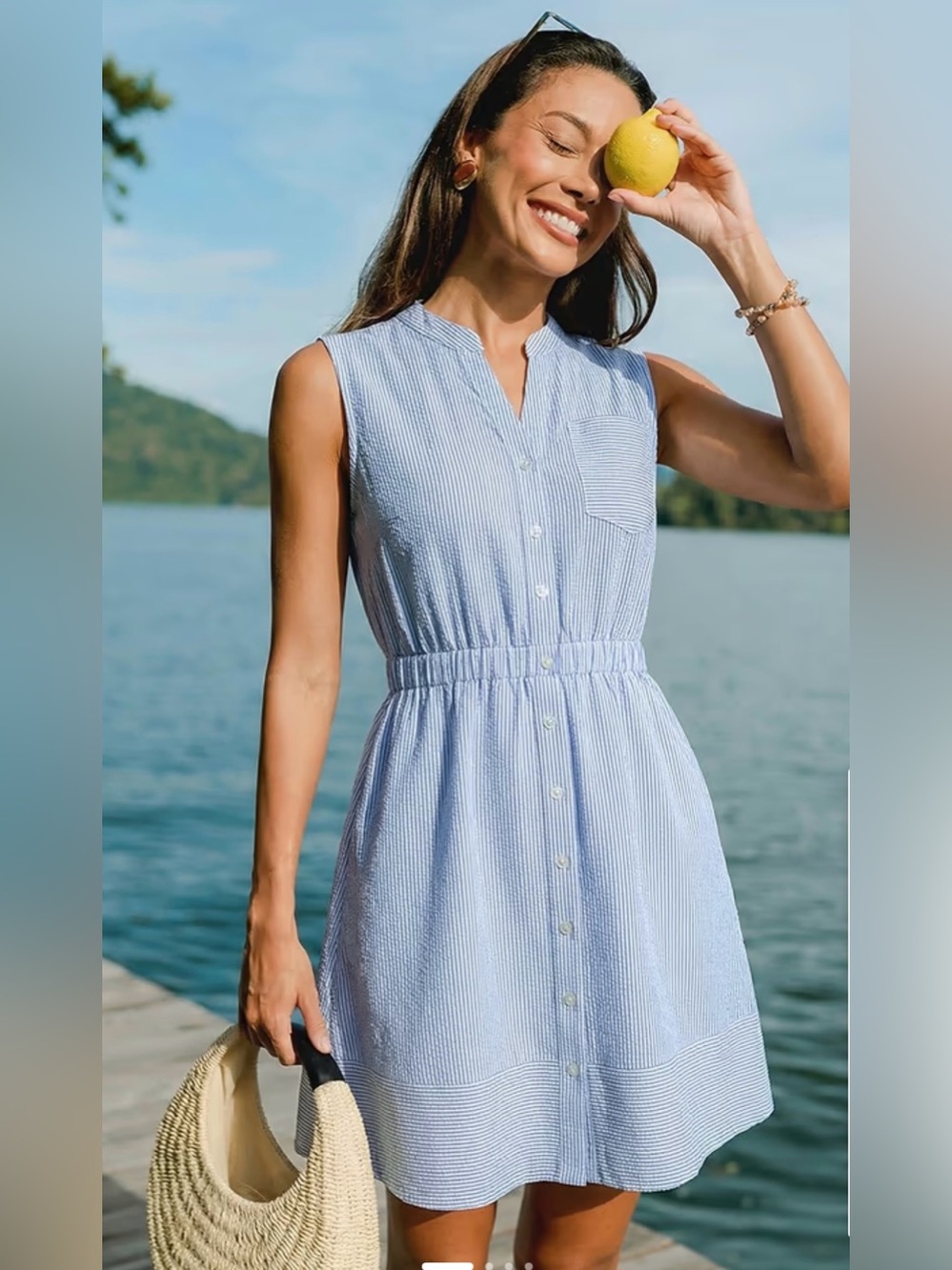 Sleeveless Blue Seersucker Button-Front Dress